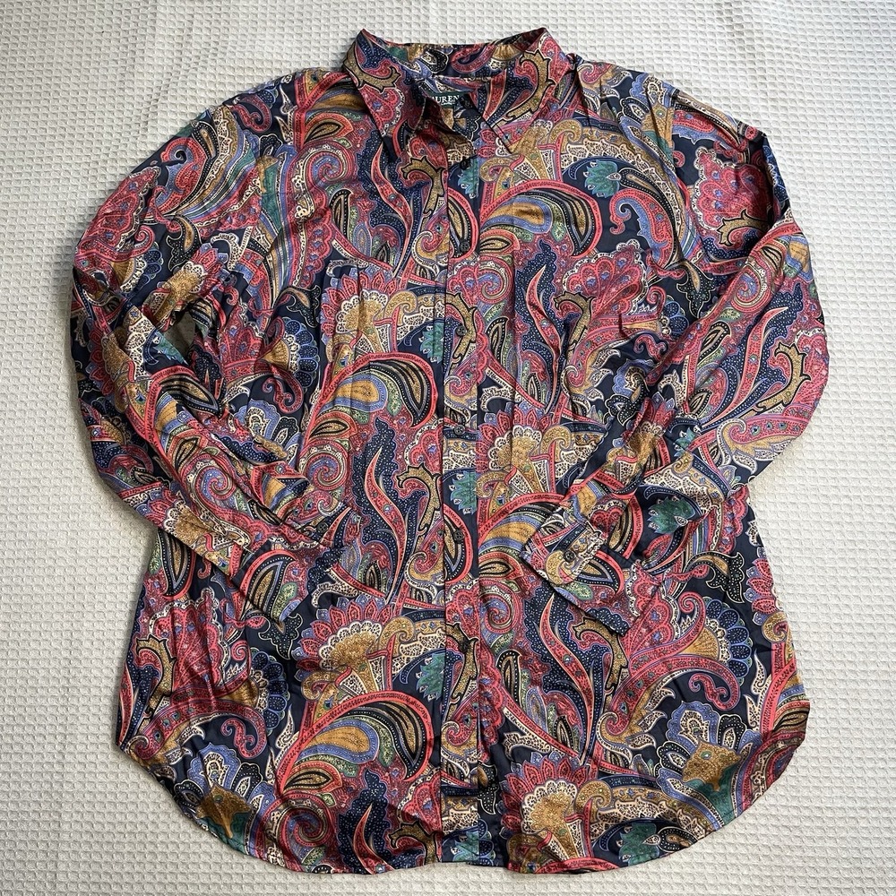 Lauren Ralph Lauren Autumn Paisley Blouse Shirt 1X Womens Long Sleeve Button Up